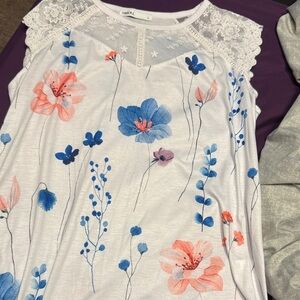 SAMOON Floral Lace Blouse - White and Blue